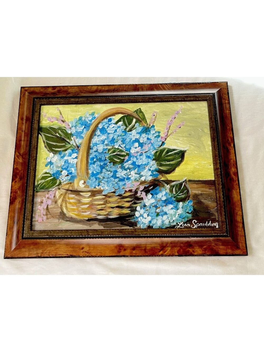 Original Blue Hydrangea Floral Still Life Painting Framed Cottagecore Signed Art